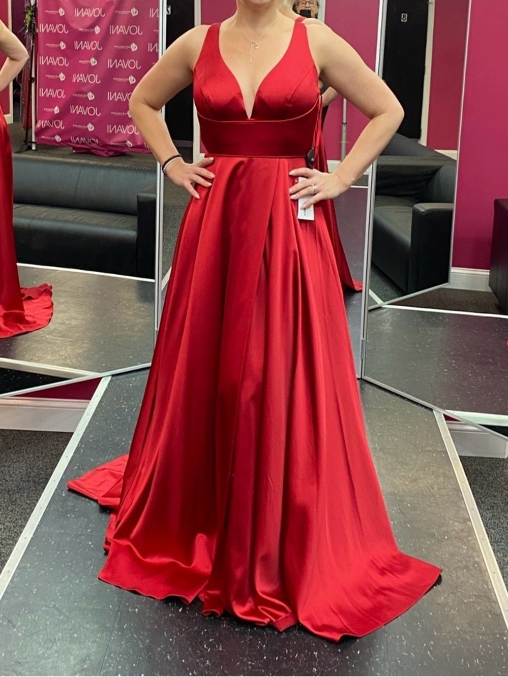 Plunging V-Neck Red Satin Prom Gown